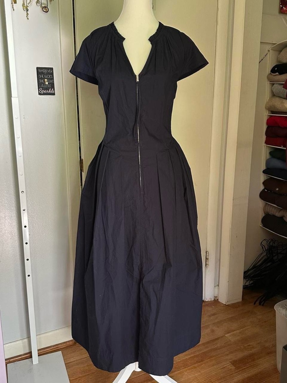 Navy drop waist poplin dress
